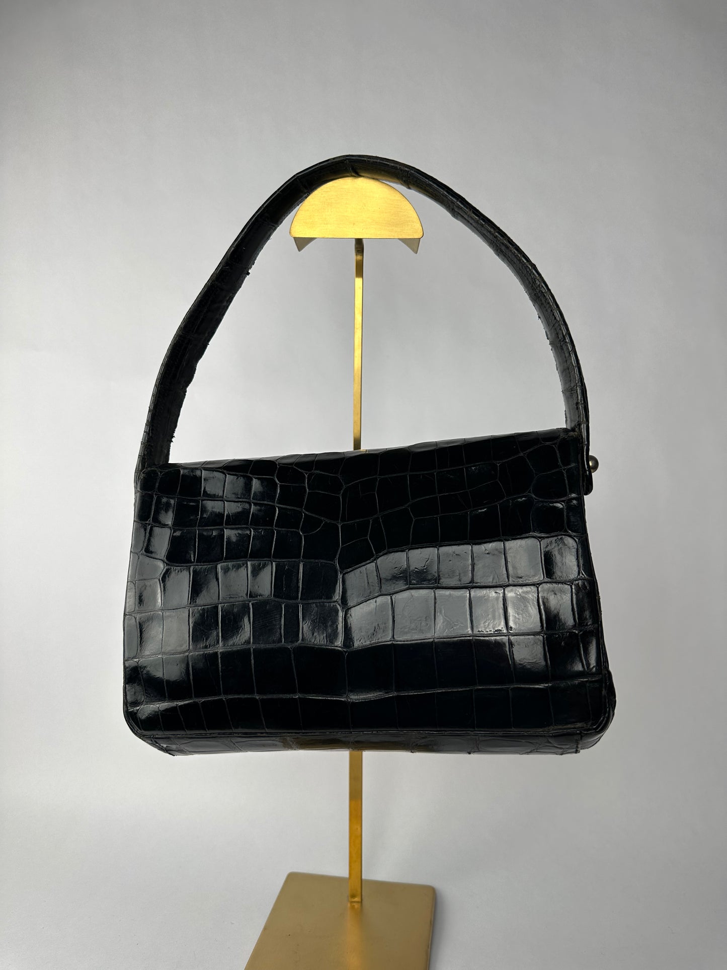 ANONYMOUS black exotic leather bag with shoulder strap and gold buckle