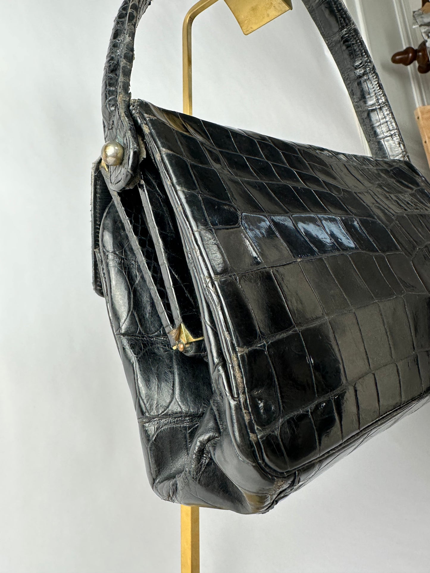ANONYMOUS black exotic leather bag with shoulder strap and gold buckle