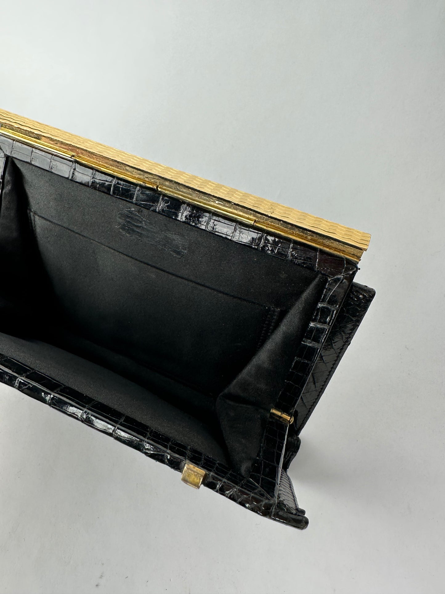 ANONYMOUS black exotic leather clutch bag with gold-plated metal clasp