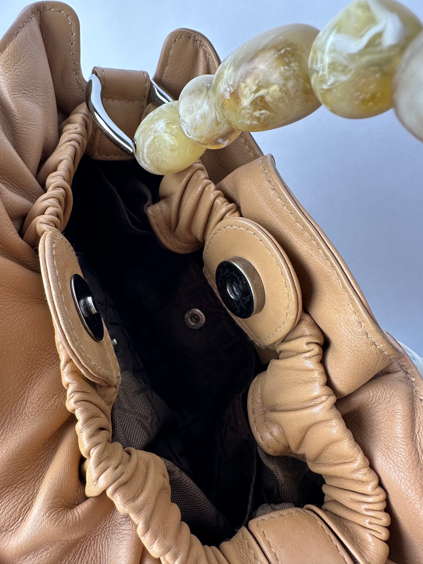 CHRISTIAN DIOR small malice bag in beige gathered leather, marbled resin beads