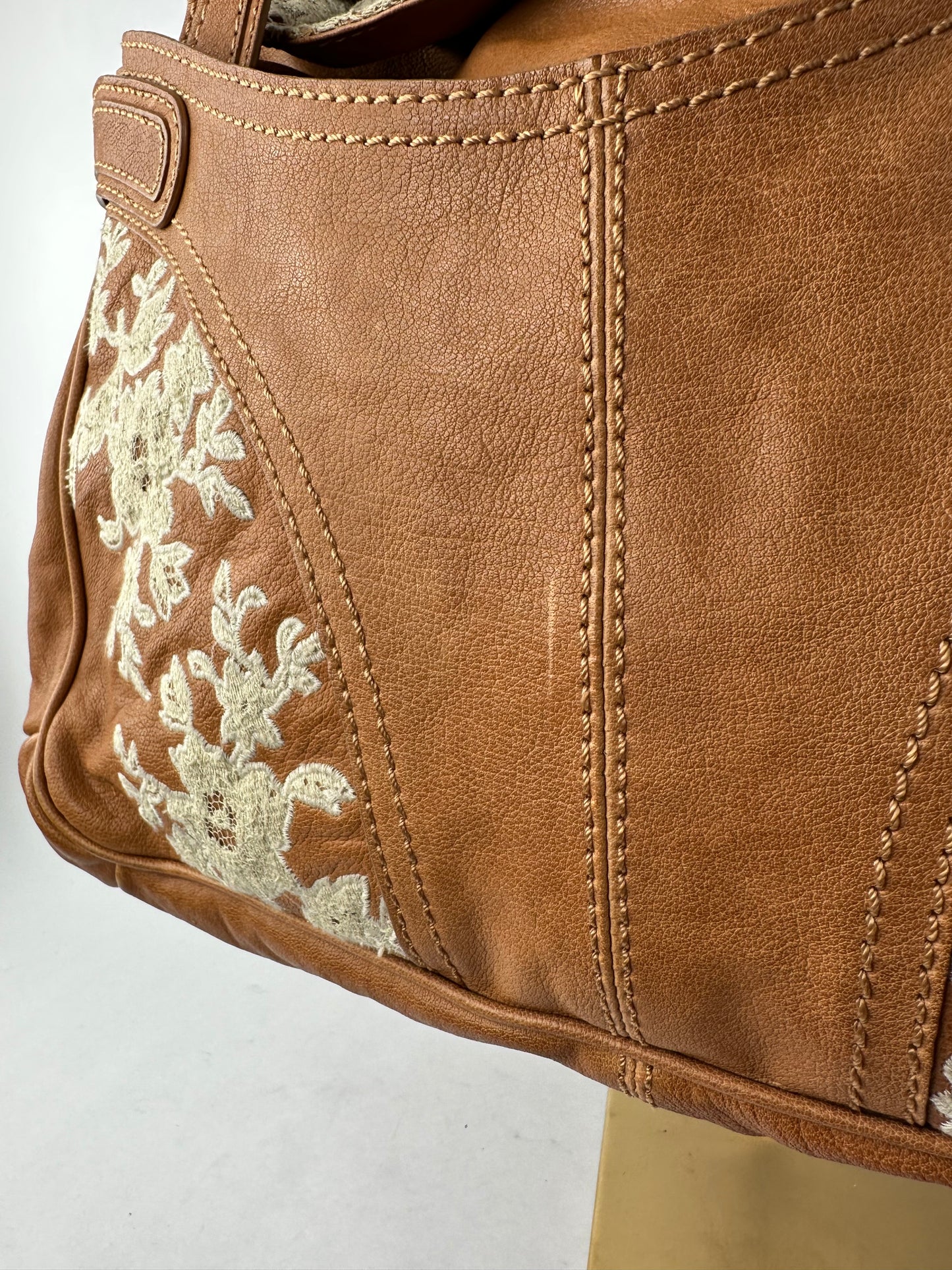 VALENTINO caramel leather shoulder bag with lace detail