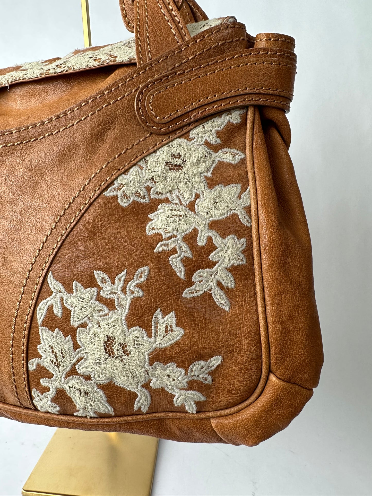 VALENTINO caramel leather shoulder bag with lace detail