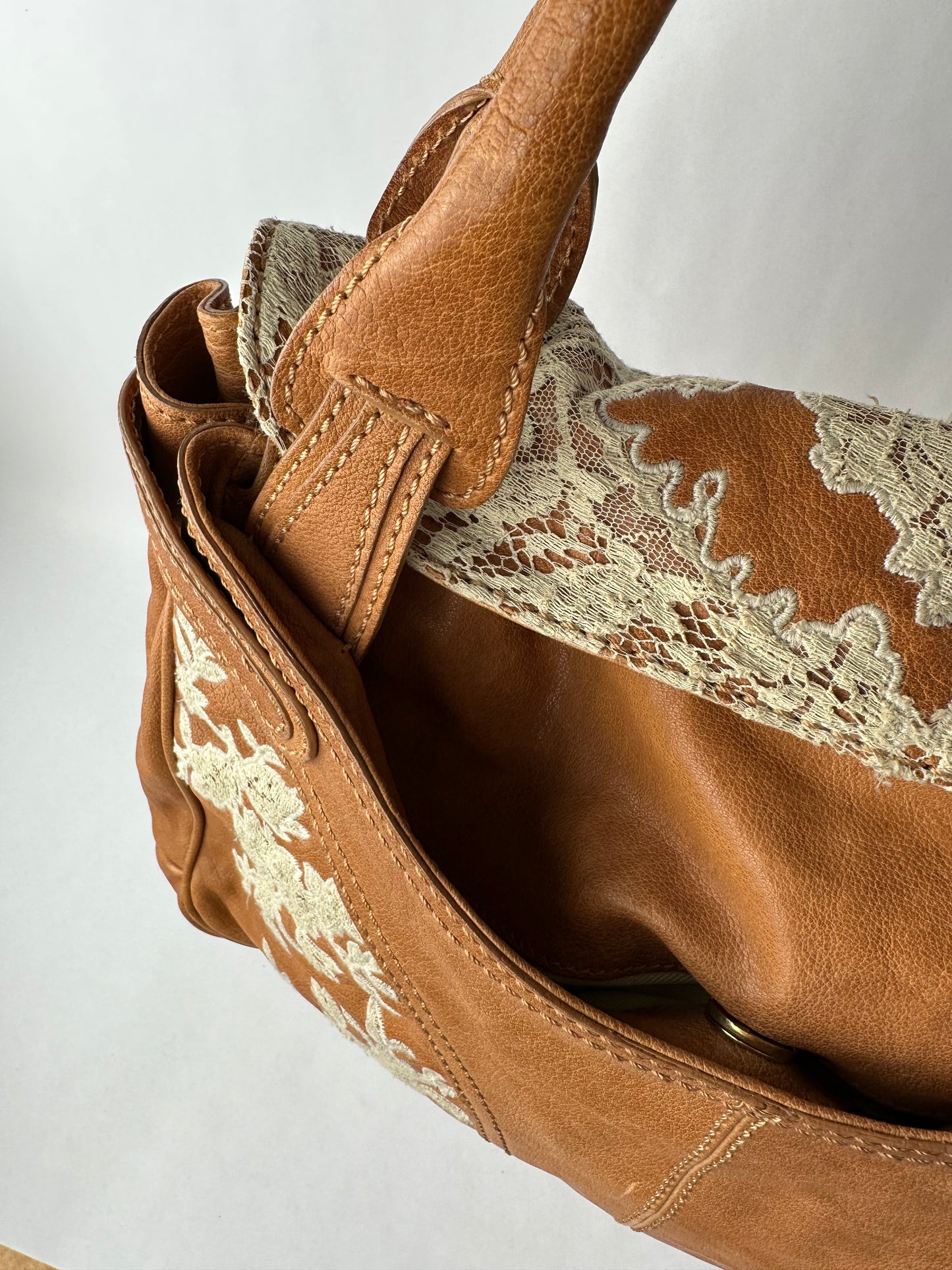 VALENTINO caramel leather shoulder bag with lace detail