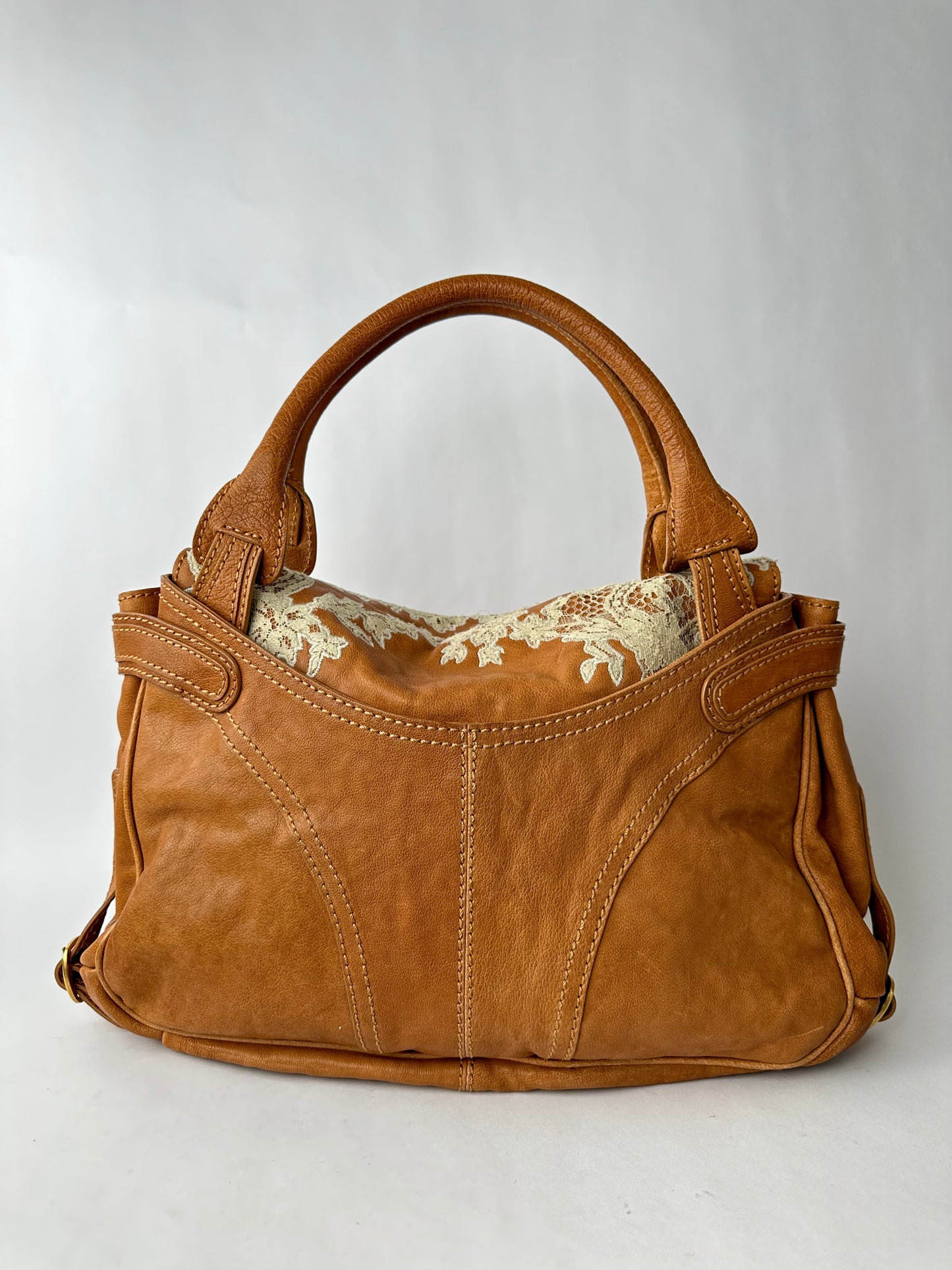 VALENTINO caramel leather shoulder bag with lace detail