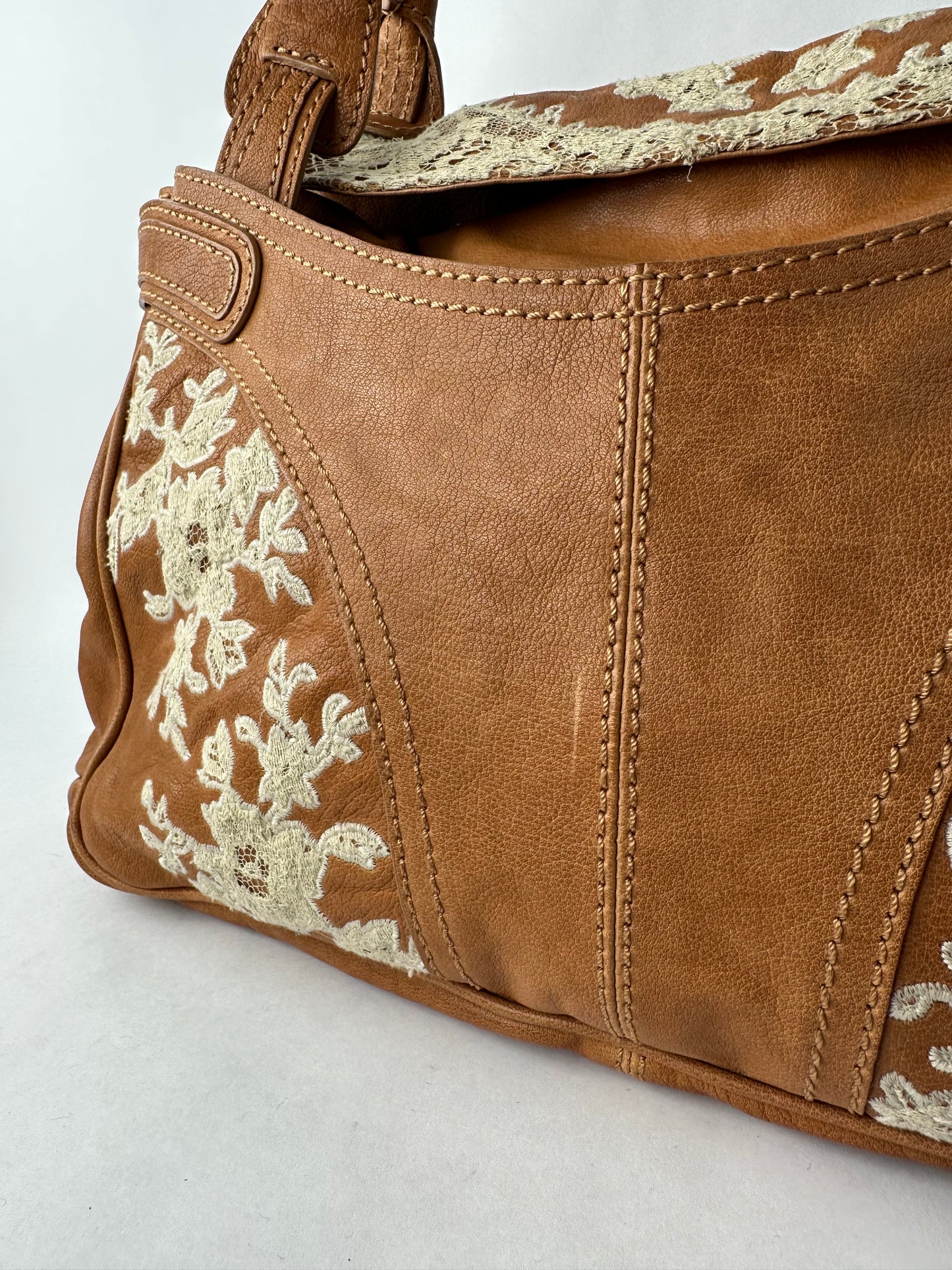 VALENTINO caramel leather shoulder bag with lace detail