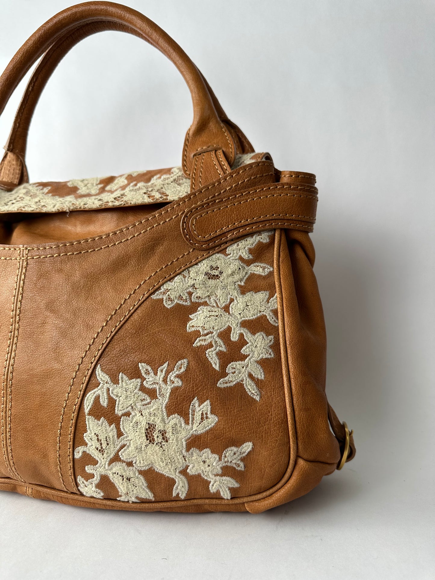 VALENTINO caramel leather shoulder bag with lace detail