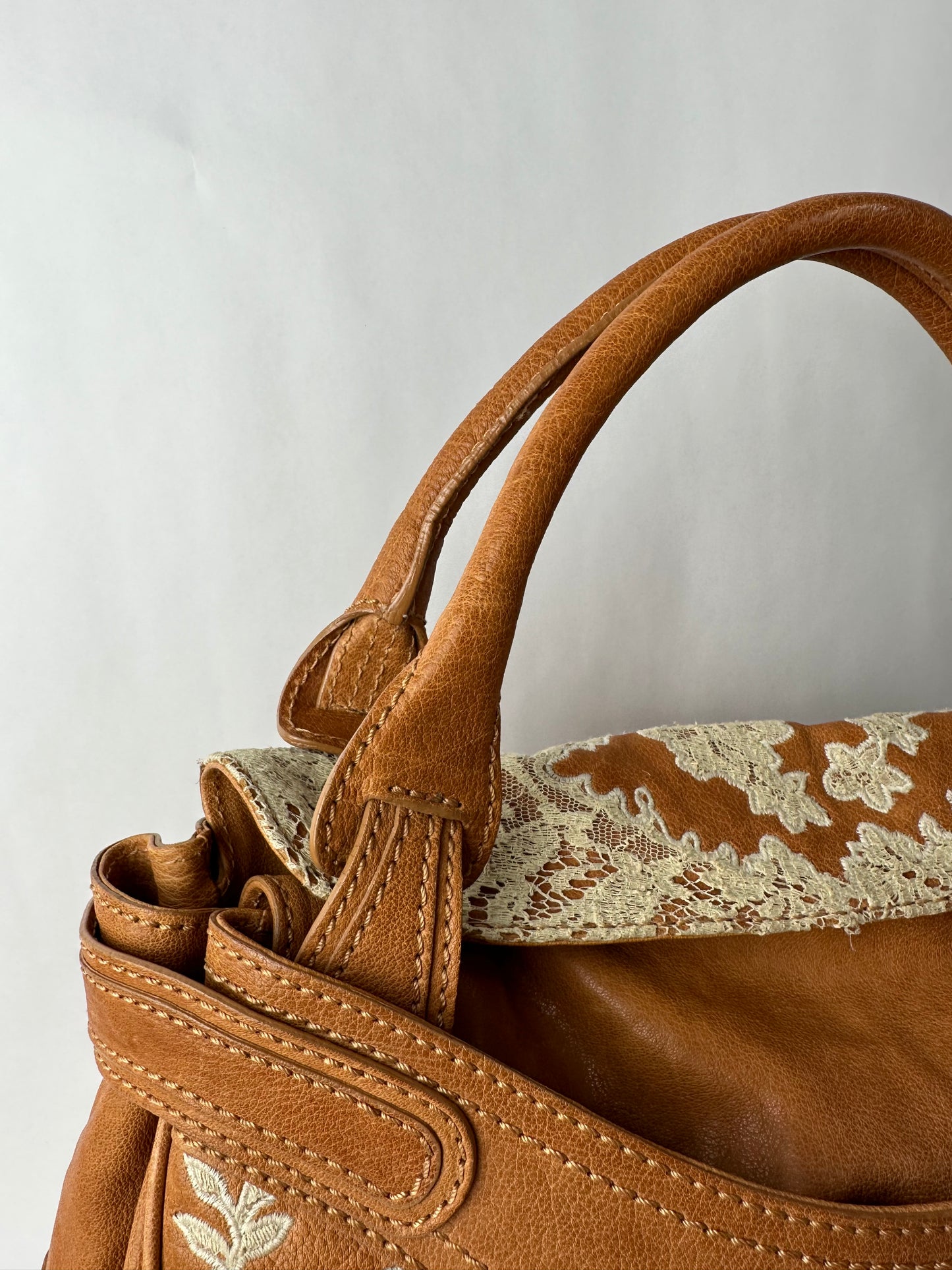 VALENTINO caramel leather shoulder bag with lace detail