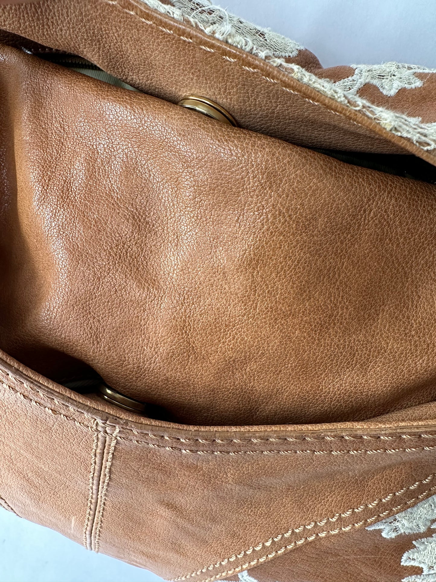 VALENTINO caramel leather shoulder bag with lace detail