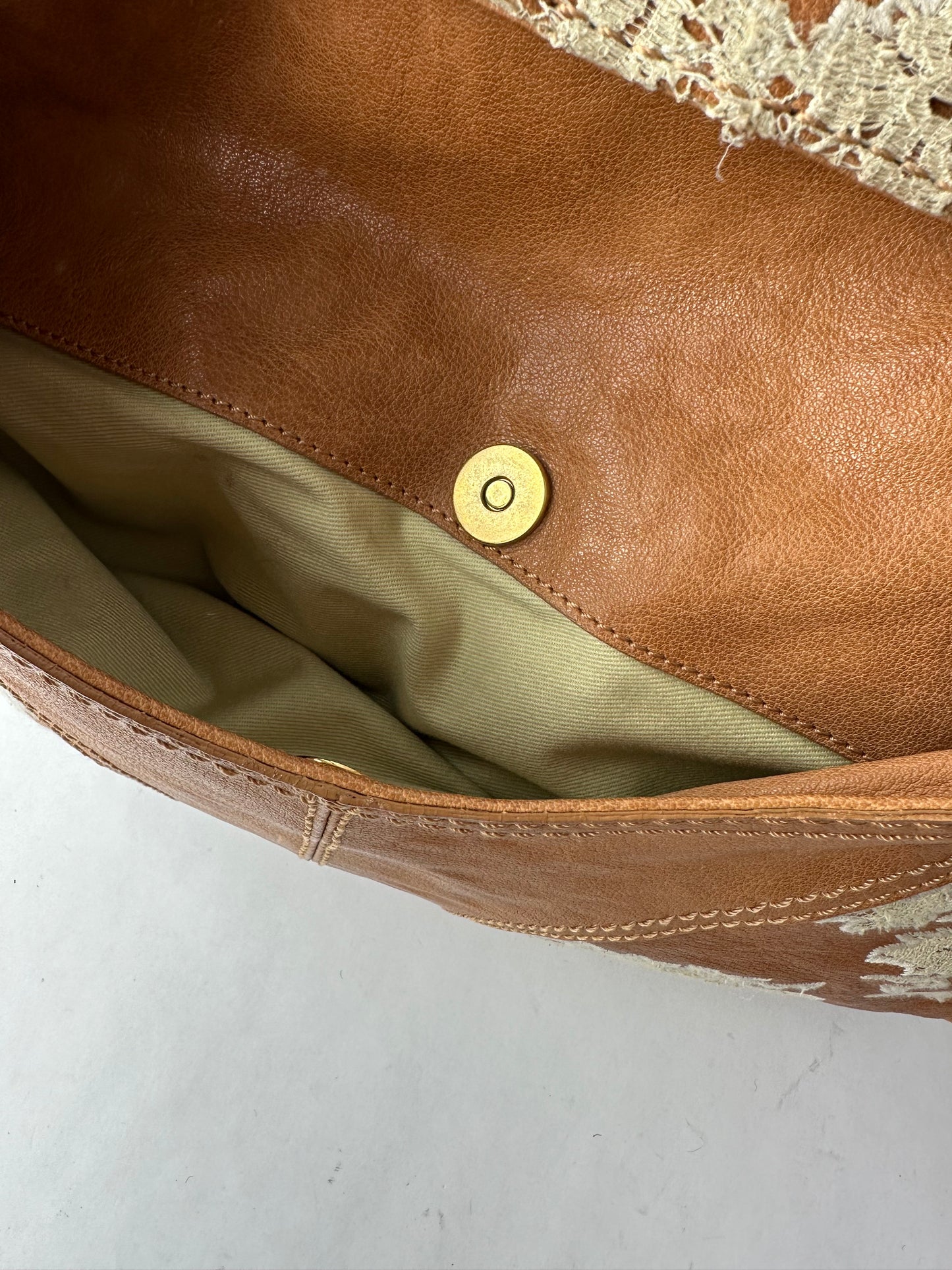 VALENTINO caramel leather shoulder bag with lace detail