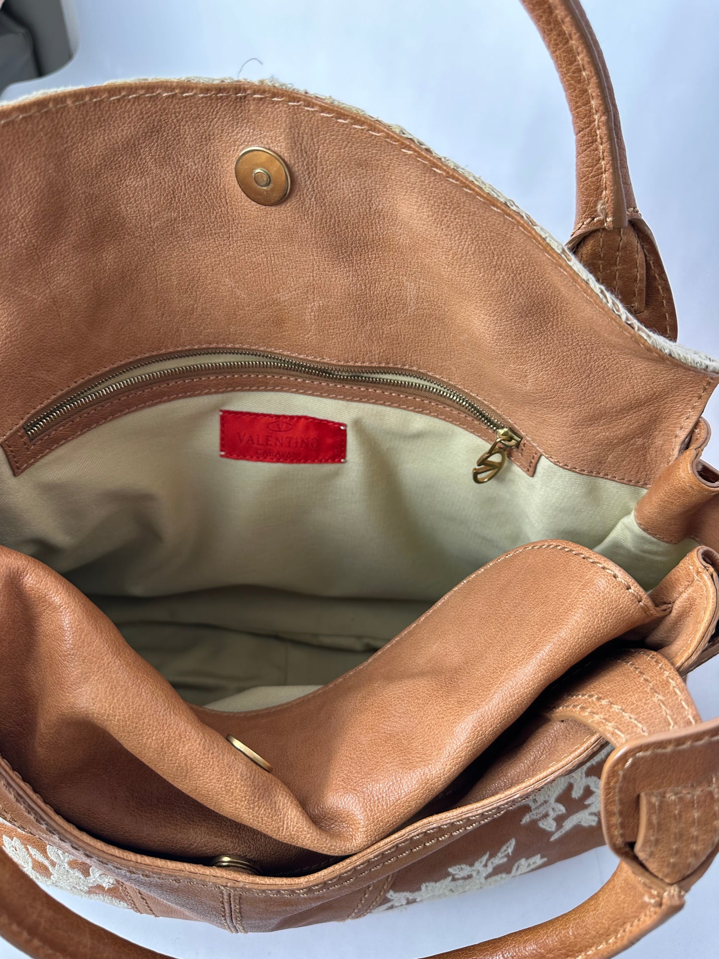 VALENTINO caramel leather shoulder bag with lace detail