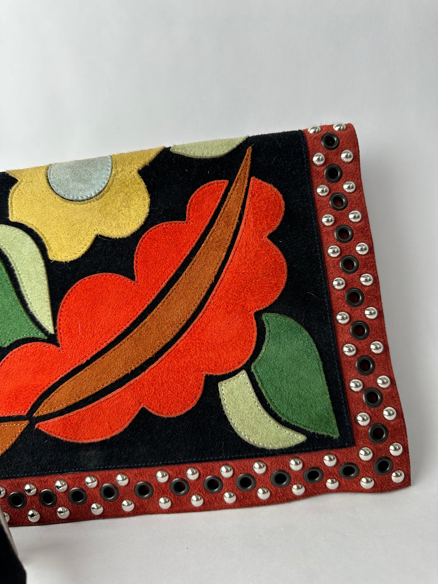 RENAULD PELLEGRINO small coulourful flap bag with flower motifs, in suede with studs