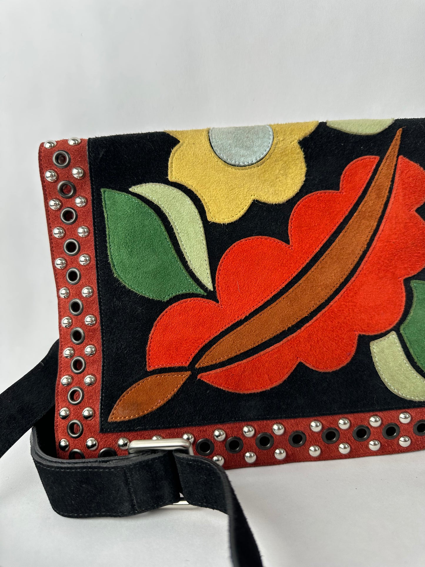 RENAULD PELLEGRINO small coulourful flap bag with flower motifs, in suede with studs