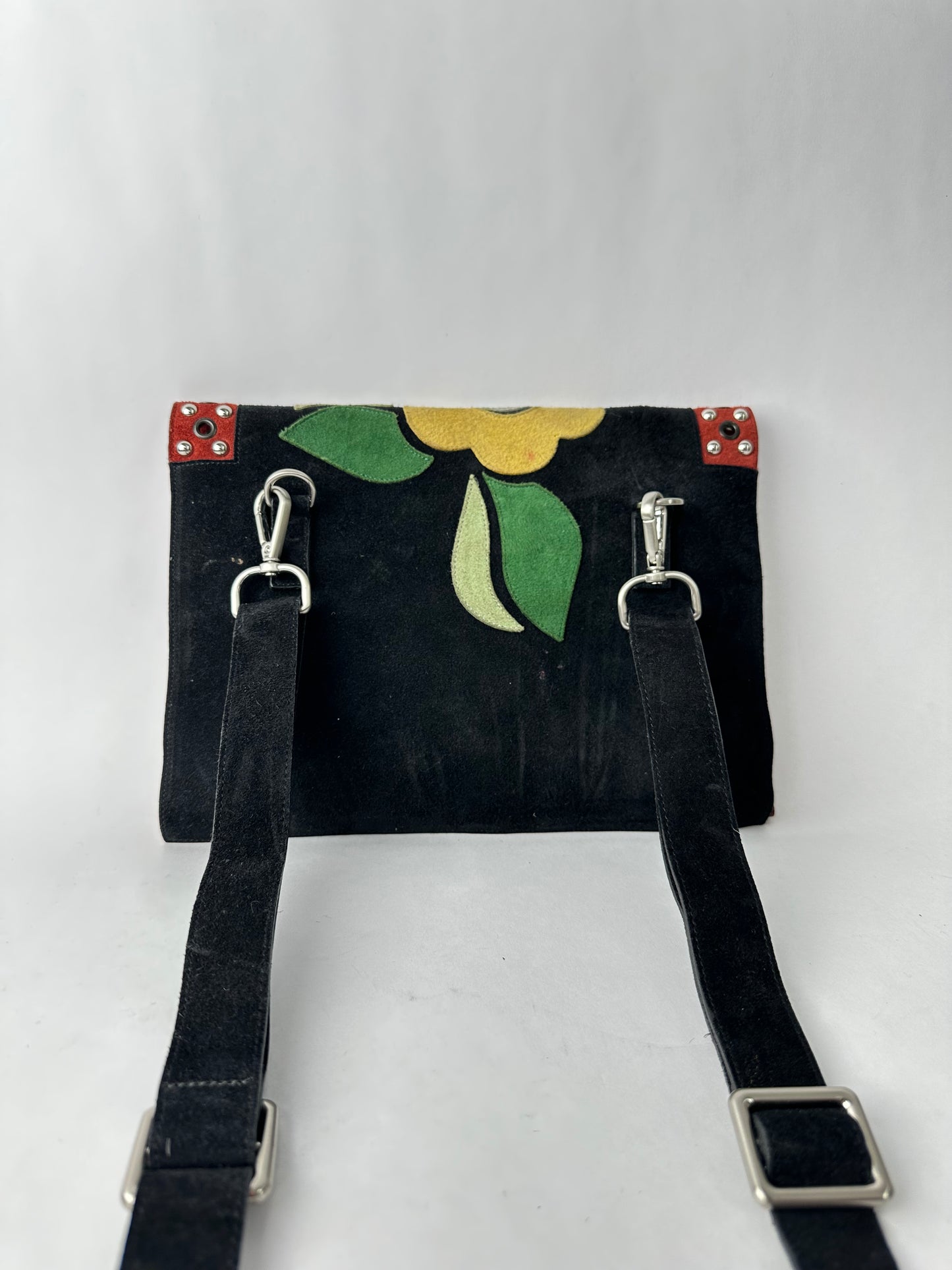 RENAULD PELLEGRINO small coulourful flap bag with flower motifs, in suede with studs