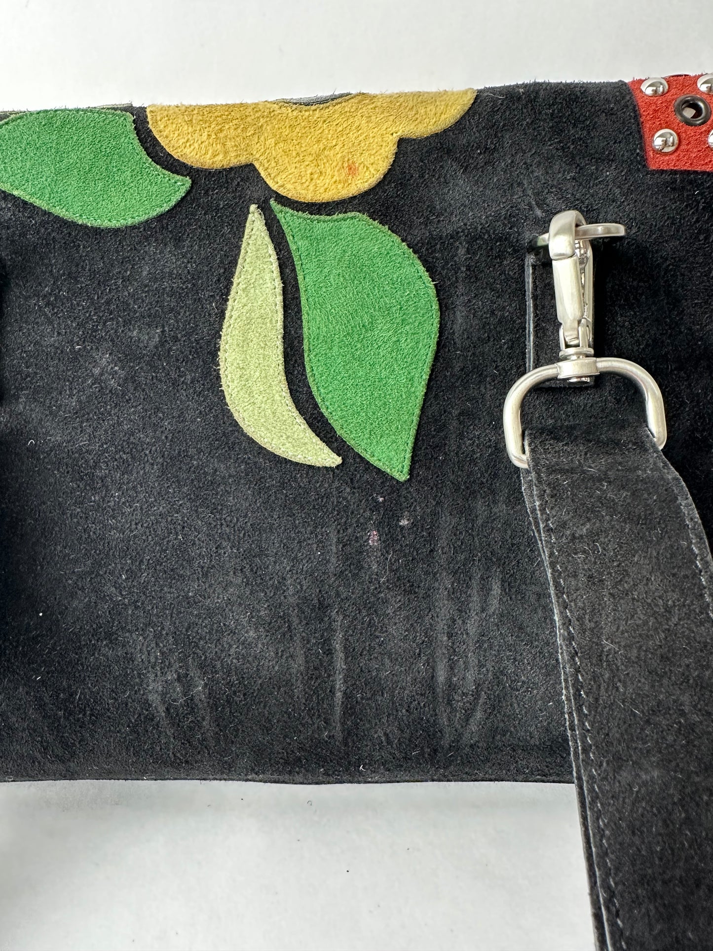 RENAULD PELLEGRINO small coulourful flap bag with flower motifs, in suede with studs