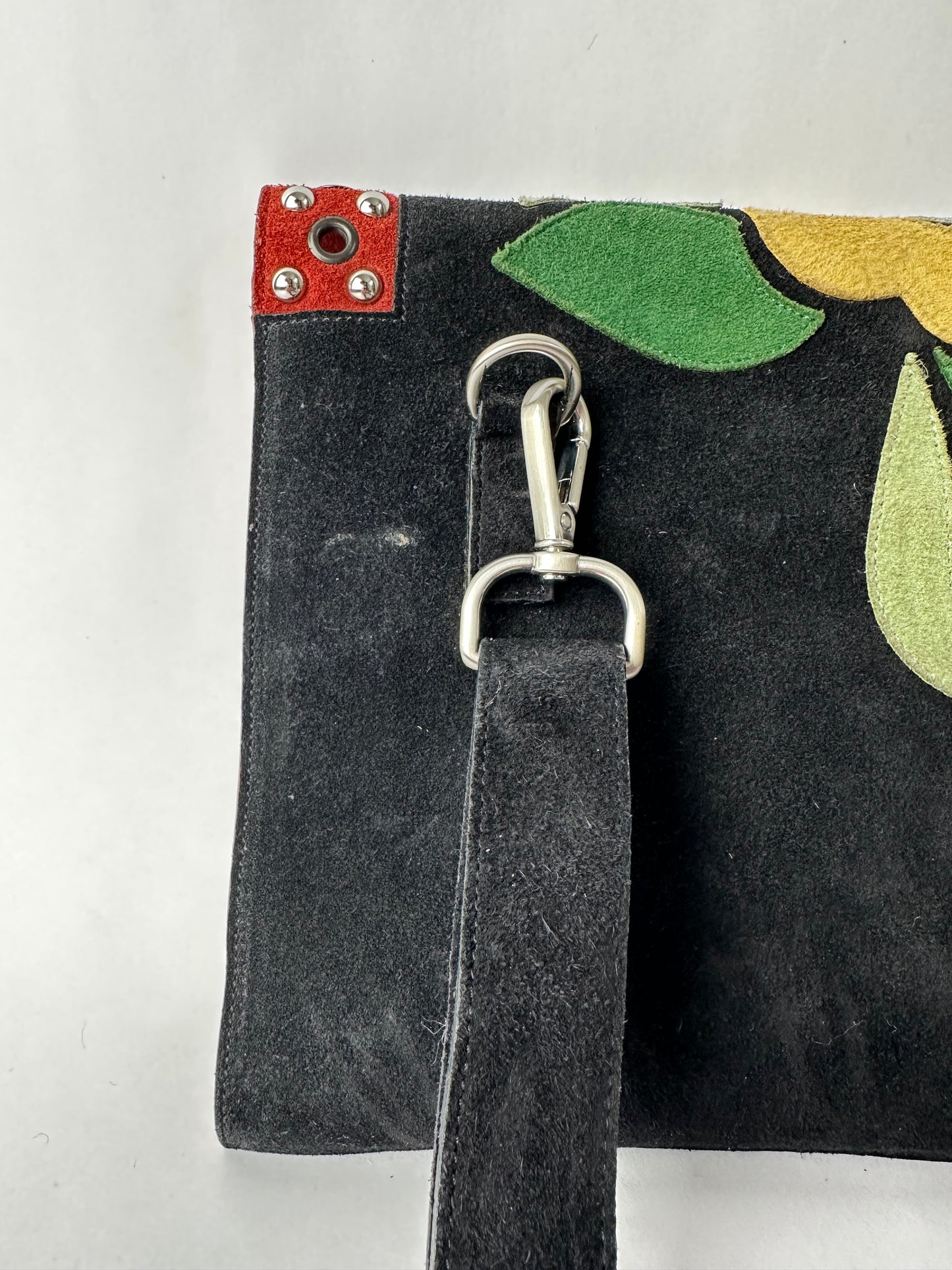 RENAULD PELLEGRINO small coulourful flap bag with flower motifs, in suede with studs