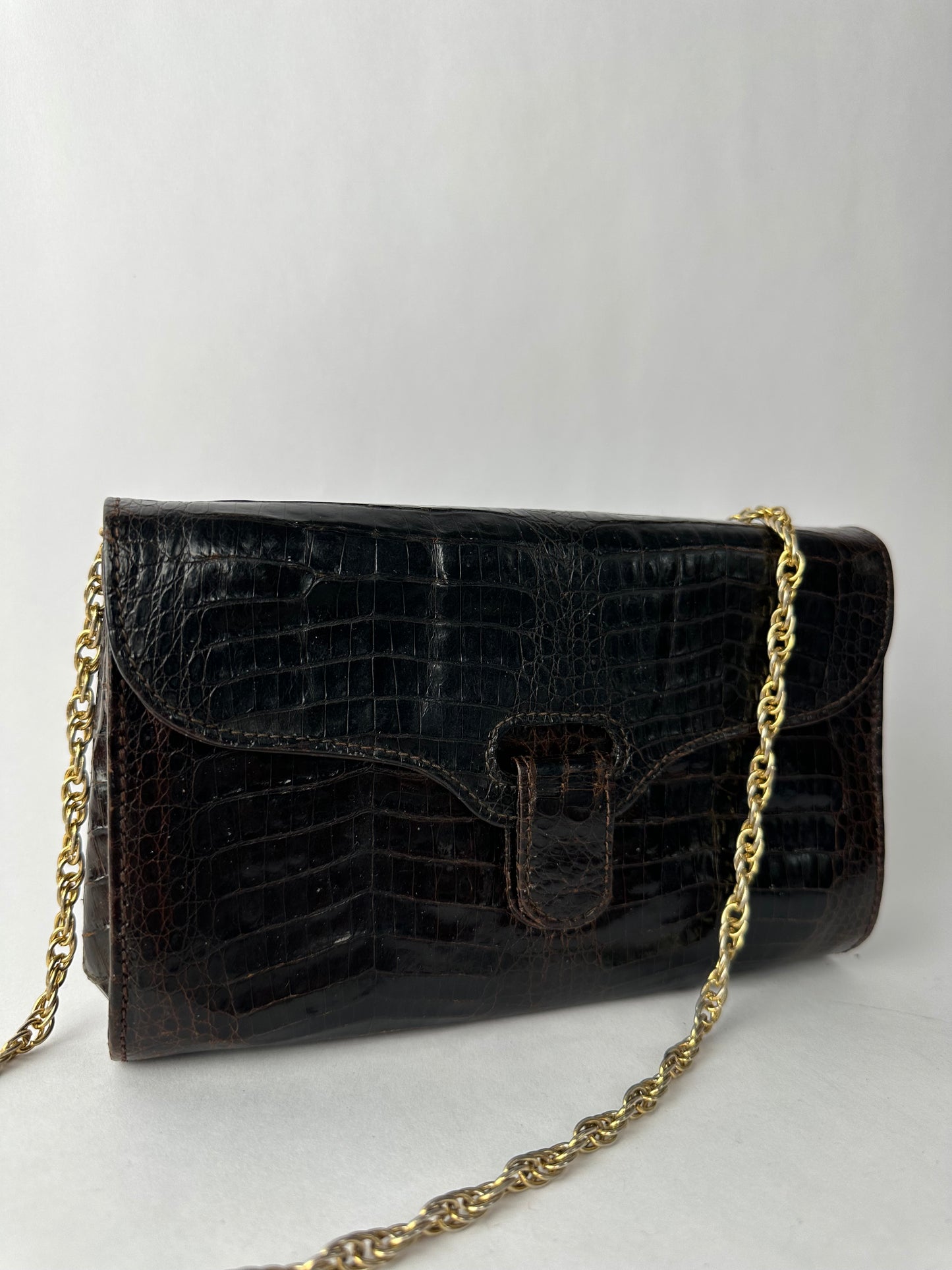 CHARLES JOURDAN chocolate exotic-style leather clutch bag with chain