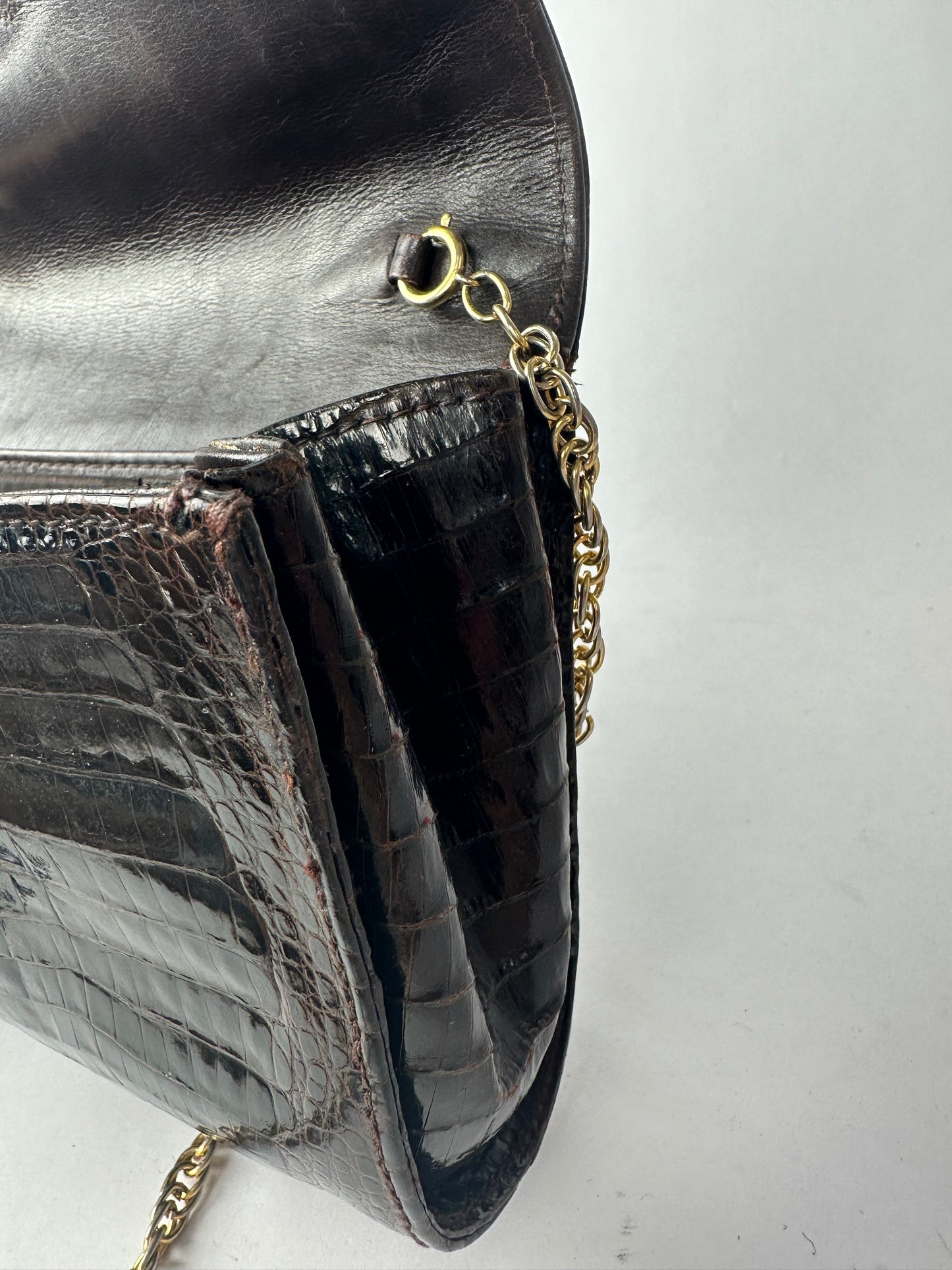 CHARLES JOURDAN chocolate exotic-style leather clutch bag with chain