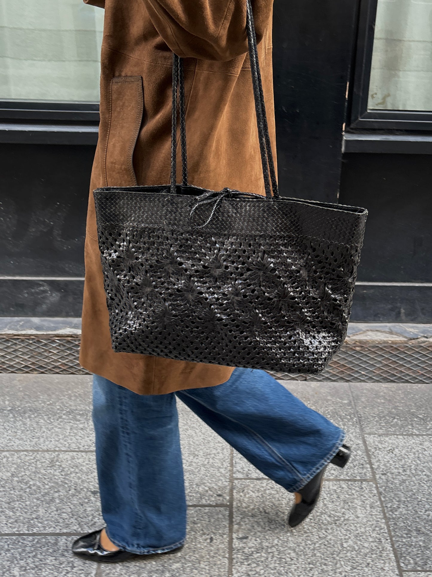 Black leather tote bag