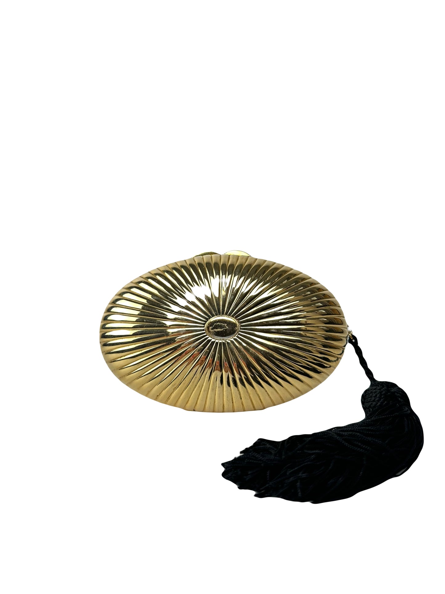 ANONYMOUS oval gilded metal minaudiere with black pompom detail