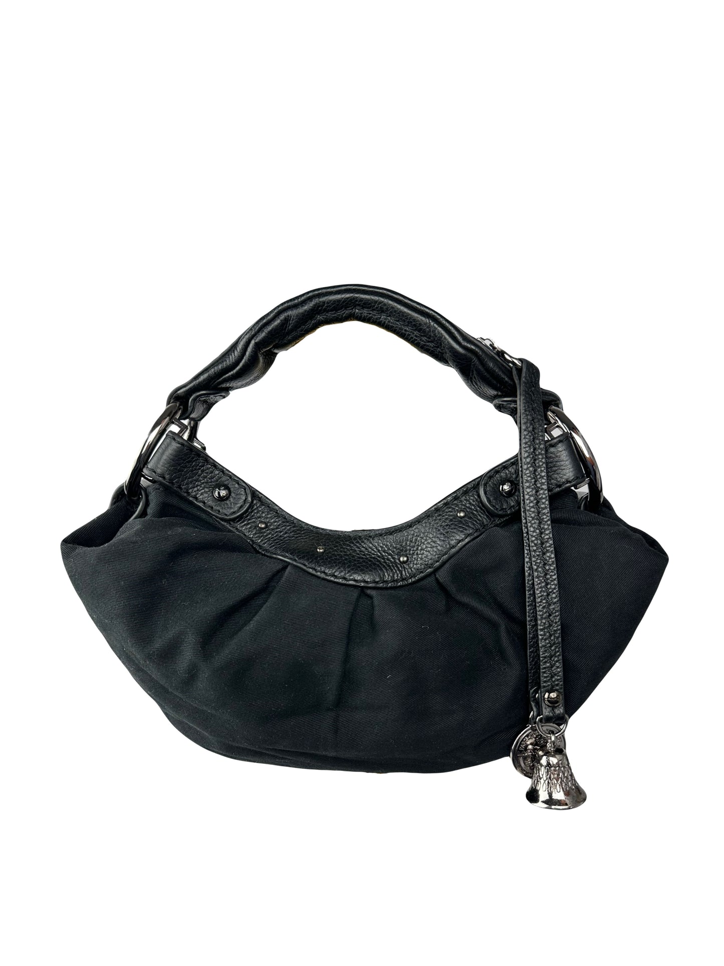 LANCEL small bag in cotton canvas and black grained leather decorated with a bell bag jewel and a signed coin, zipped handle.