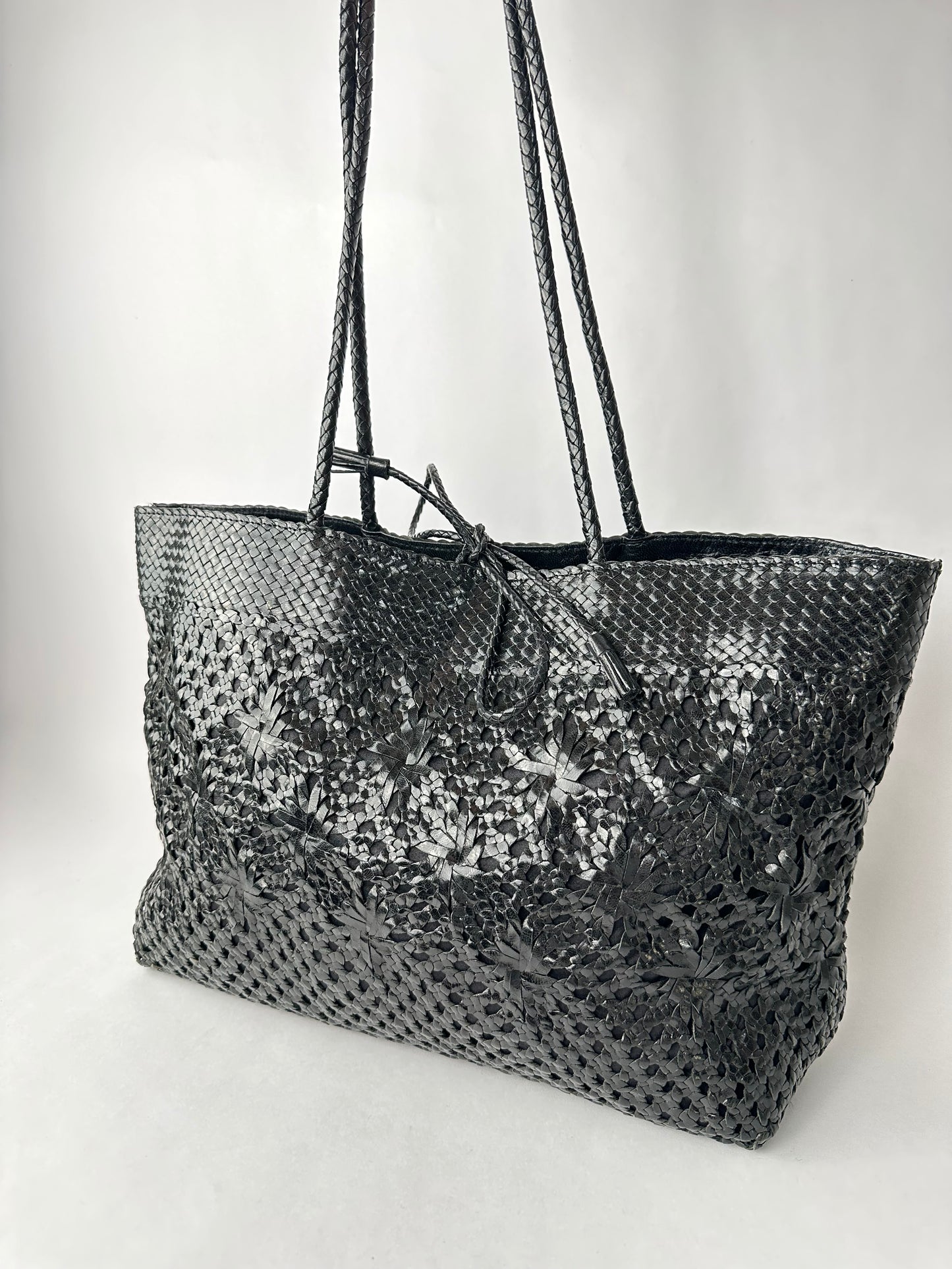 Black leather tote bag
