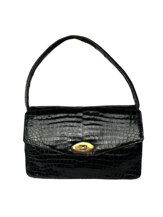 ANONYMOUS black exotic leather bag with shoulder strap and gold buckle