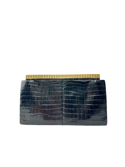 ANONYMOUS black exotic leather clutch bag with gold-plated metal clasp