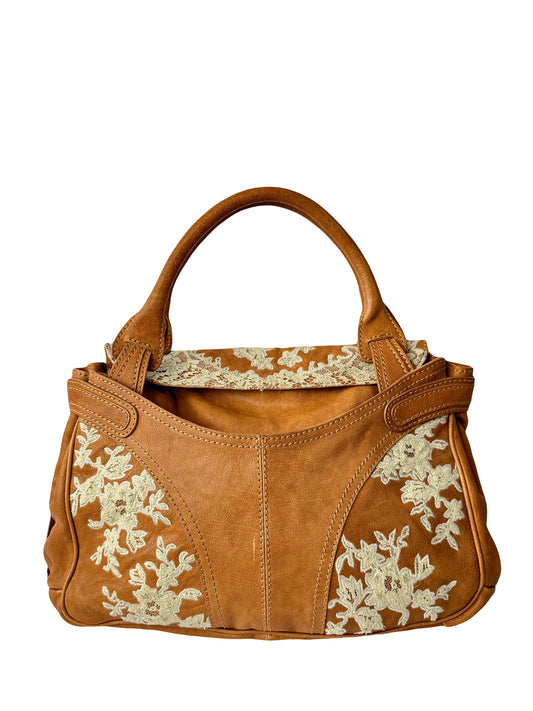 VALENTINO caramel leather shoulder bag with lace detail