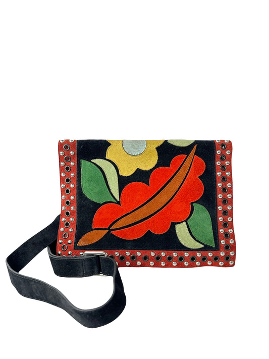 RENAULD PELLEGRINO small coulourful flap bag with flower motifs, in suede with studs