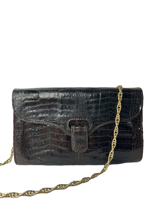 CHARLES JOURDAN chocolate exotic-style leather clutch bag with chain
